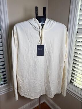 BYLT Premium Basics Drop-Cut Luxe Hooded Henley XL Bone Cream Long Sleeve NWT